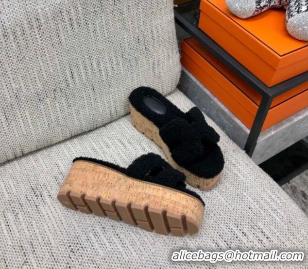 Hot Style Hermes Teddy Fur Platform Slide Sandals Black 101049