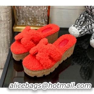 1:1 aaaaa Hermes Teddy Fur Platform Slide Sandals Red 101050