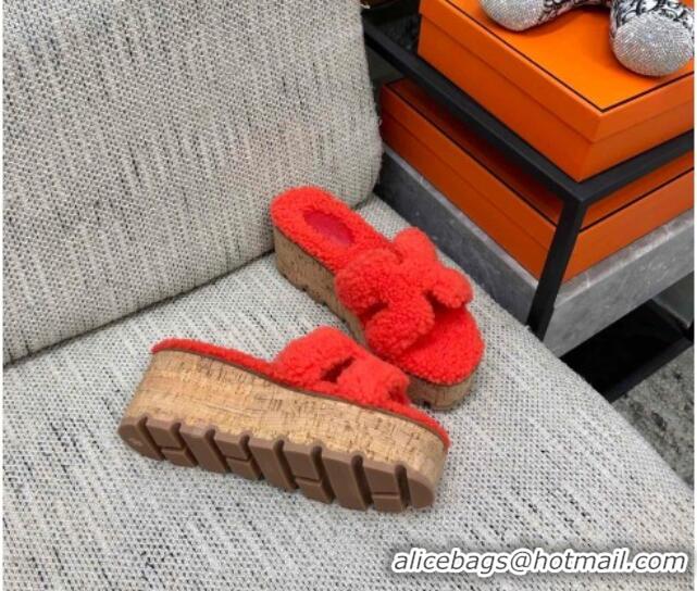 1:1 aaaaa Hermes Teddy Fur Platform Slide Sandals Red 101050