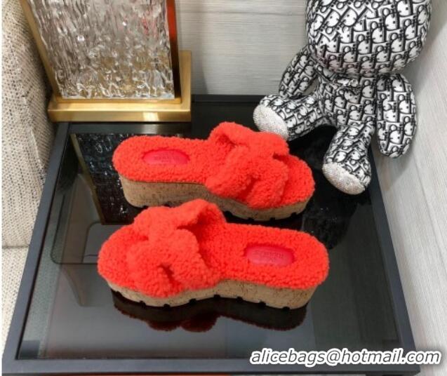 1:1 aaaaa Hermes Teddy Fur Platform Slide Sandals Red 101050