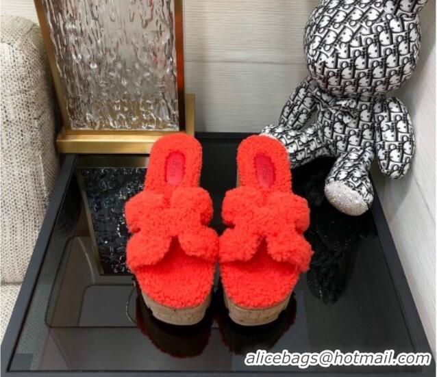 1:1 aaaaa Hermes Teddy Fur Platform Slide Sandals Red 101050