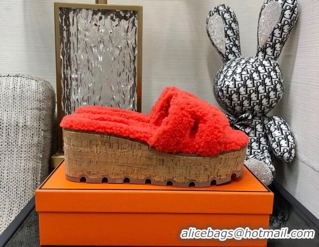 1:1 aaaaa Hermes Teddy Fur Platform Slide Sandals Red 101050