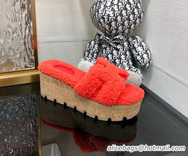 1:1 aaaaa Hermes Teddy Fur Platform Slide Sandals Red 101050