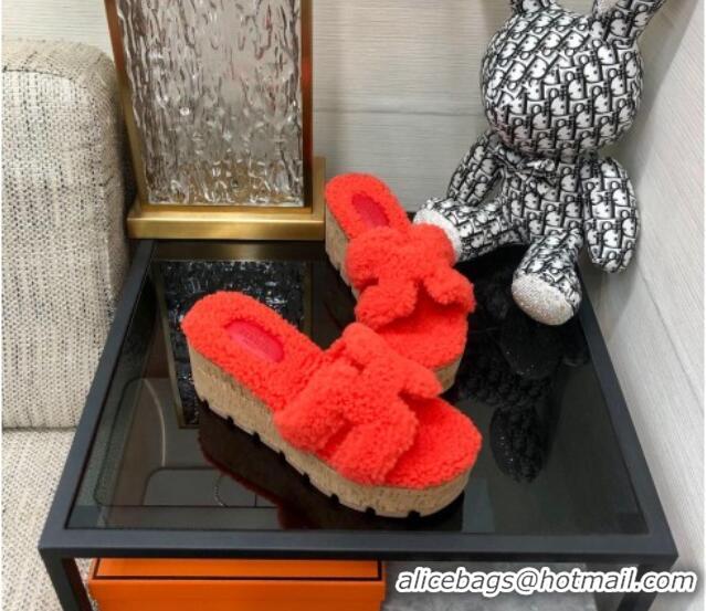 1:1 aaaaa Hermes Teddy Fur Platform Slide Sandals Red 101050