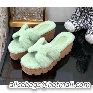 Duplicate Hermes Teddy Fur Platform Slide Sandals Mint Green 101051