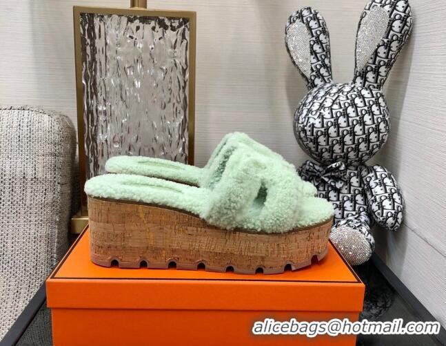 Duplicate Hermes Teddy Fur Platform Slide Sandals Mint Green 101051