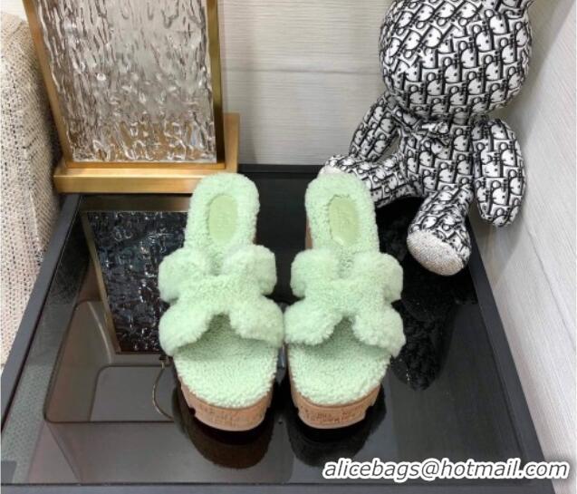 Duplicate Hermes Teddy Fur Platform Slide Sandals Mint Green 101051