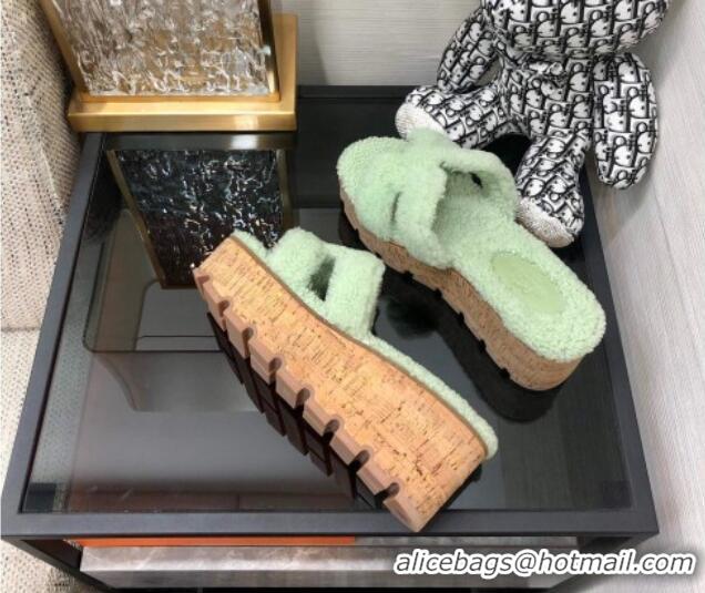 Duplicate Hermes Teddy Fur Platform Slide Sandals Mint Green 101051