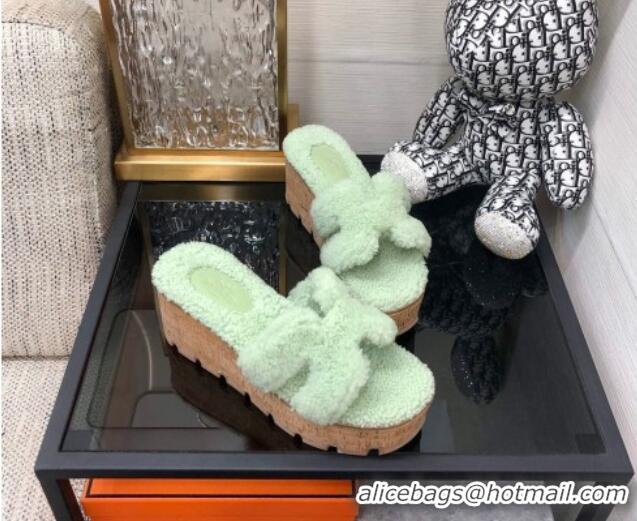 Duplicate Hermes Teddy Fur Platform Slide Sandals Mint Green 101051