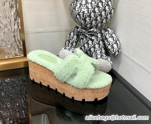 Duplicate Hermes Teddy Fur Platform Slide Sandals Mint Green 101051