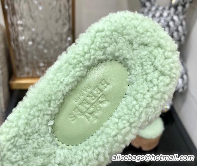 Duplicate Hermes Teddy Fur Platform Slide Sandals Mint Green 101051