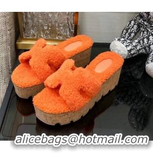 Low Price Hermes Teddy Fur Platform Slide Sandals Orange 101052