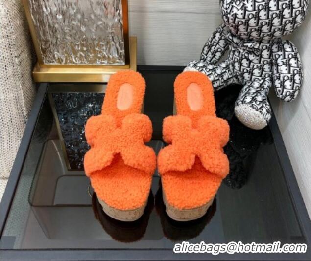 Low Price Hermes Teddy Fur Platform Slide Sandals Orange 101052