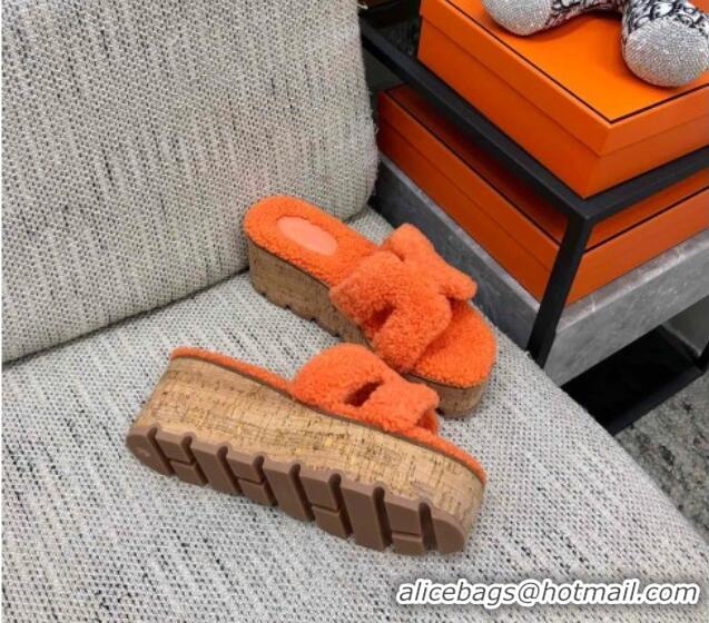 Low Price Hermes Teddy Fur Platform Slide Sandals Orange 101052