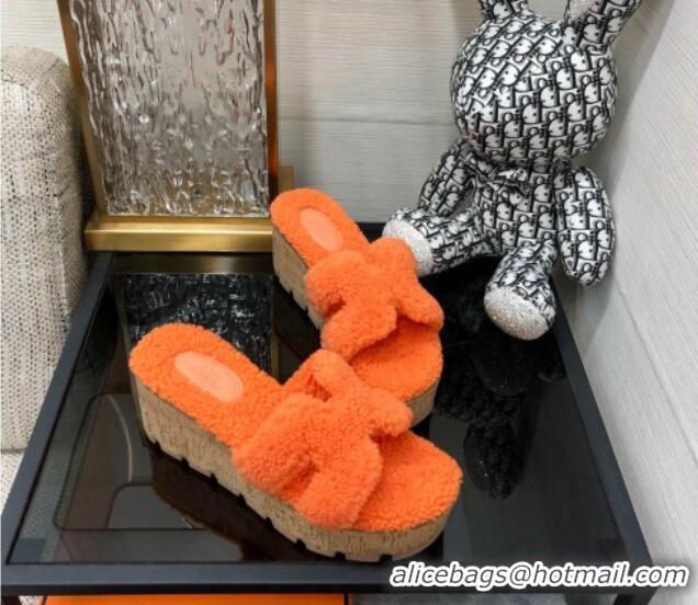 Low Price Hermes Teddy Fur Platform Slide Sandals Orange 101052