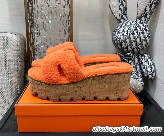 Low Price Hermes Teddy Fur Platform Slide Sandals Orange 101052