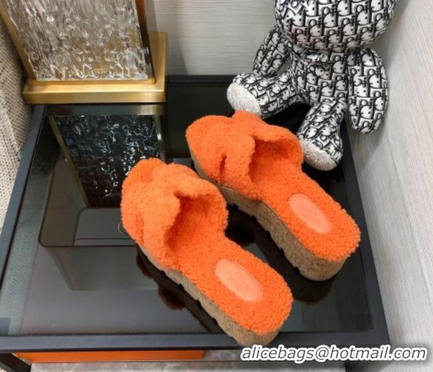 Low Price Hermes Teddy Fur Platform Slide Sandals Orange 101052