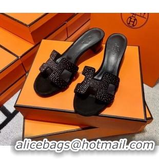 Low Price Hermes Classic Crystal Suede Medium Heel Slide Sandals 4.5cm Black/Silver 101110