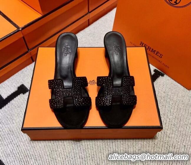 Low Price Hermes Classic Crystal Suede Medium Heel Slide Sandals 4.5cm Black/Silver 101110