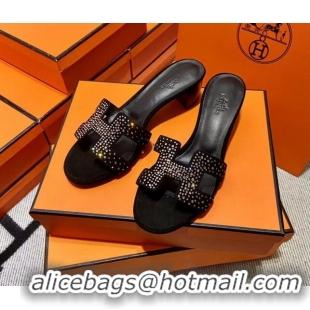 Good Looking Hermes Classic Crystal Suede Medium Heel Slide Sandals 4.5cm Black/Gold 101111