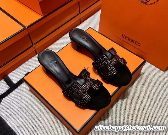 Good Looking Hermes Classic Crystal Suede Medium Heel Slide Sandals 4.5cm Black/Gold 101111