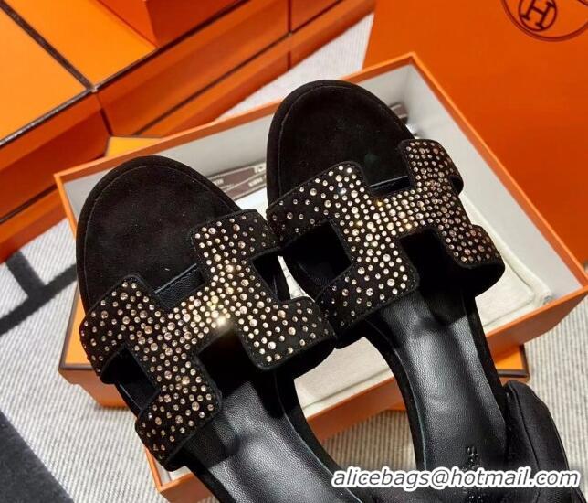 Good Looking Hermes Classic Crystal Suede Medium Heel Slide Sandals 4.5cm Black/Gold 101111