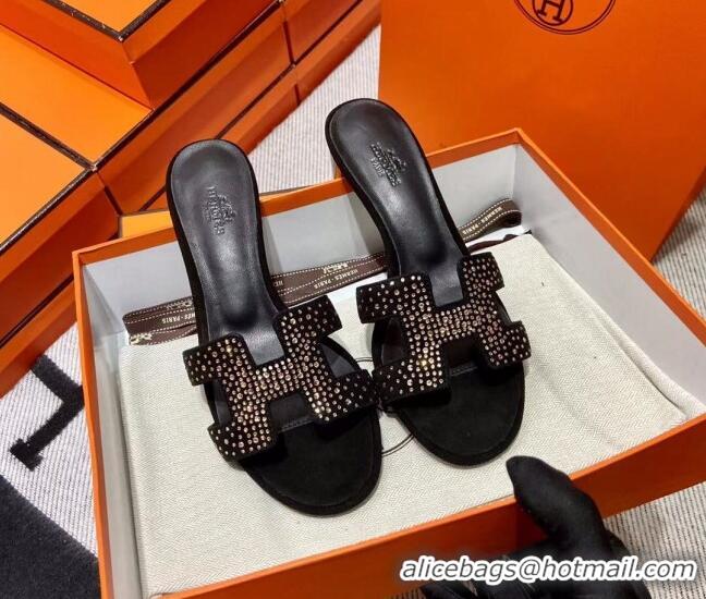 Good Looking Hermes Classic Crystal Suede Medium Heel Slide Sandals 4.5cm Black/Gold 101111