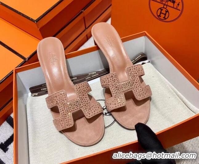 Perfect Hermes Classic Crystal Suede Medium Heel Slide Sandals 4.5cm Nude 1101112