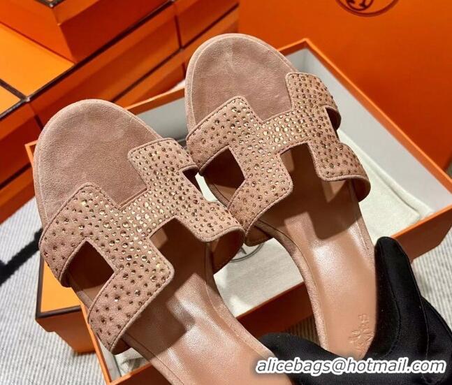 Perfect Hermes Classic Crystal Suede Medium Heel Slide Sandals 4.5cm Nude 1101112