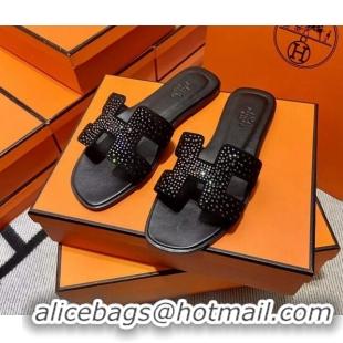 Best Product Hermes Classic Crystal Suede Flat Slide Sandals Black/Silver 1101113