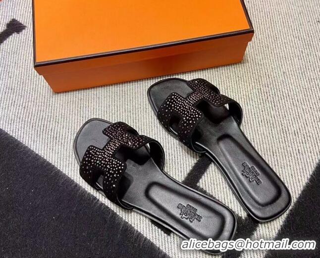 Best Product Hermes Classic Crystal Suede Flat Slide Sandals Black/Silver 1101113