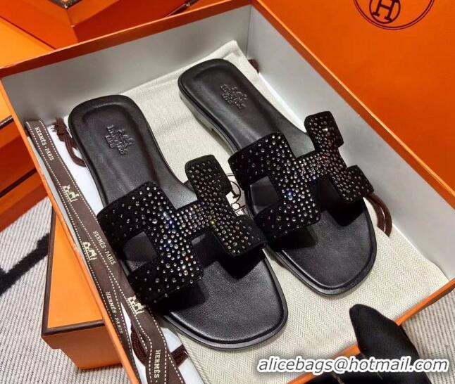 Best Product Hermes Classic Crystal Suede Flat Slide Sandals Black/Silver 1101113