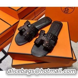 Pretty Style Hermes Classic Crystal Suede Flat Slide Sandals Black/Gold 1101114