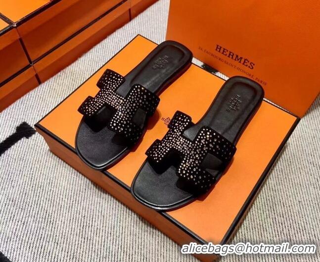 Pretty Style Hermes Classic Crystal Suede Flat Slide Sandals Black/Gold 1101114