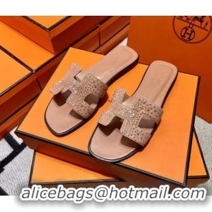 Unique Style Hermes Classic Crystal Suede Flat Slide Sandals Nude 1101115