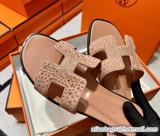 Unique Style Hermes Classic Crystal Suede Flat Slide Sandals Nude 1101115