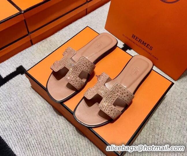 Unique Style Hermes Classic Crystal Suede Flat Slide Sandals Nude 1101115