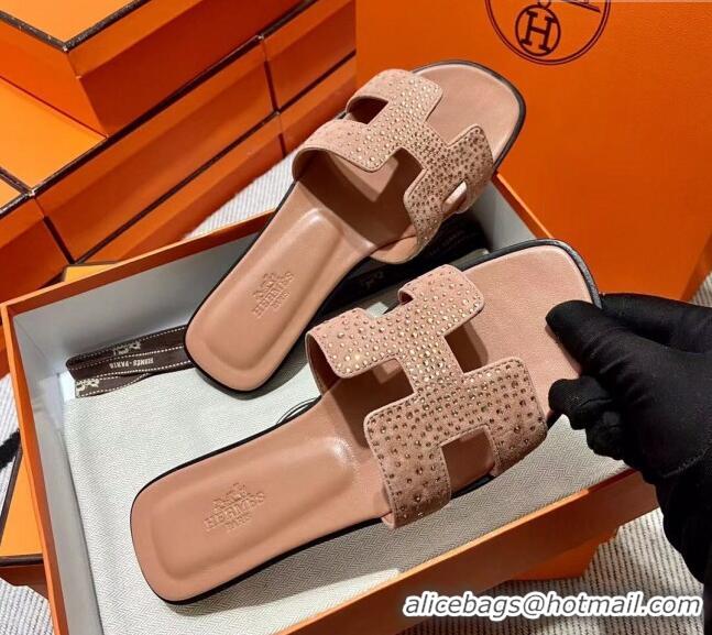 Unique Style Hermes Classic Crystal Suede Flat Slide Sandals Nude 1101115