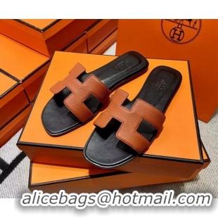 Purchase Hermes Classic Grained Leather Flat Slide Sandals Brown 110201