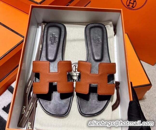 Purchase Hermes Classic Grained Leather Flat Slide Sandals Brown 110201