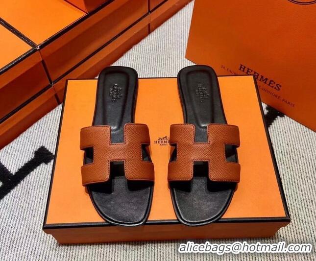 Purchase Hermes Classic Grained Leather Flat Slide Sandals Brown 110201