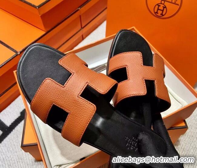 Purchase Hermes Classic Grained Leather Flat Slide Sandals Brown 110201