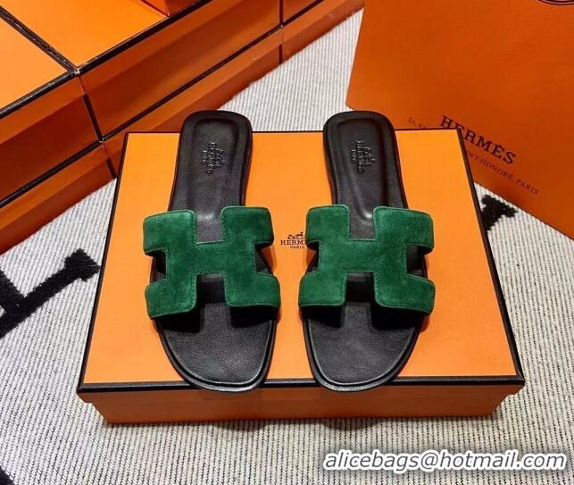 Cheap Price Hermes Classic Suede Flat Slide Sandals Green 110202