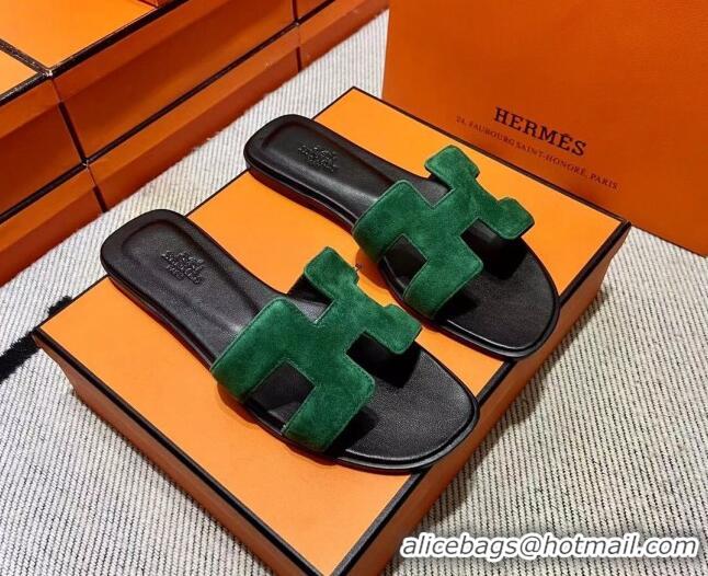 Cheap Price Hermes Classic Suede Flat Slide Sandals Green 110202