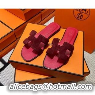 Crafted Hermes Classic Suede Flat Slide Sandals Burgundy 2110203