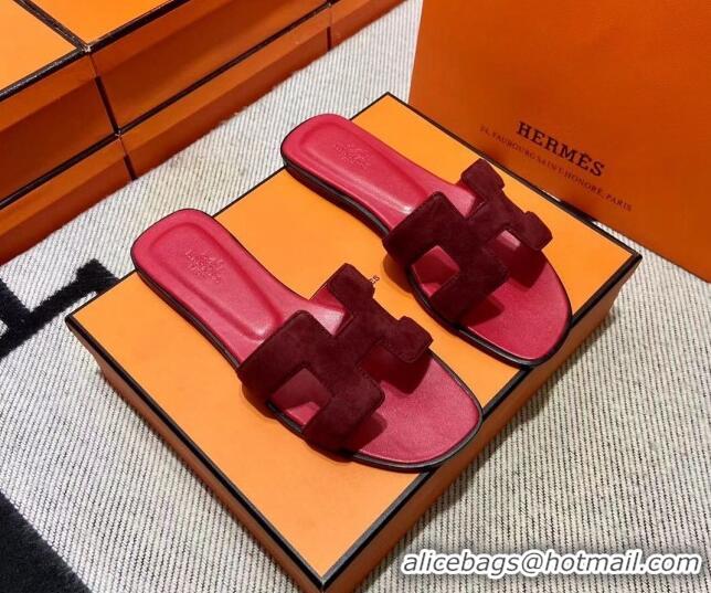 Crafted Hermes Classic Suede Flat Slide Sandals Burgundy 2110203