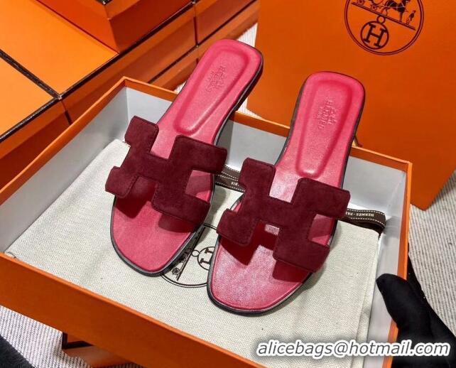 Crafted Hermes Classic Suede Flat Slide Sandals Burgundy 2110203