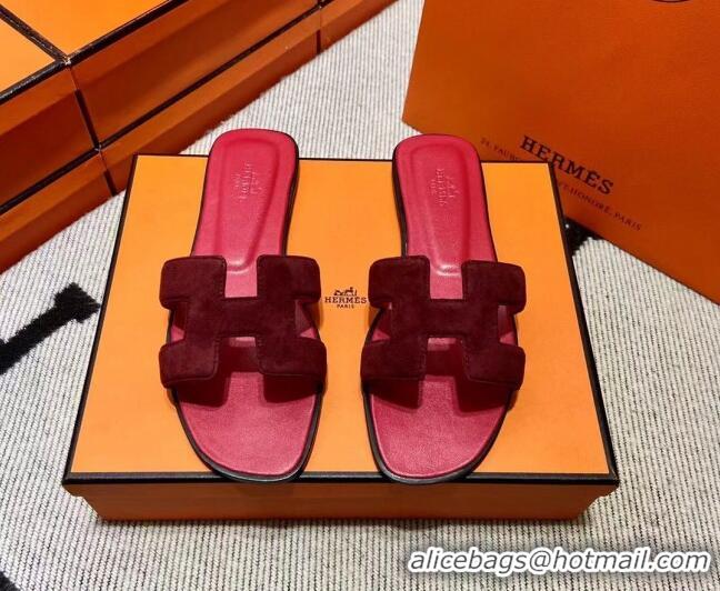 Crafted Hermes Classic Suede Flat Slide Sandals Burgundy 2110203