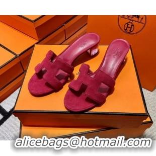 Top Grade Hermes Classic Suede Medium Heel Slide Sandals 4.5cm Fuchsia 2110204