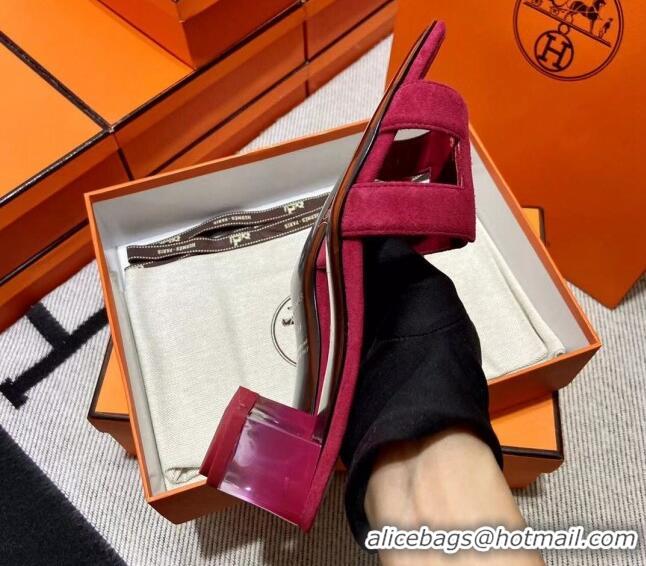 Top Grade Hermes Classic Suede Medium Heel Slide Sandals 4.5cm Fuchsia 2110204